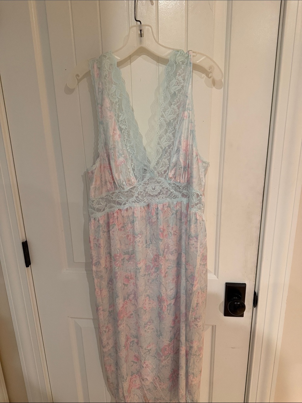 Vintage Lorraine Nightgown in Pink/Blue Floral with Wide Baby Blue Lace Trim